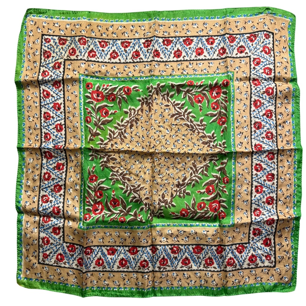 Unbranded Silk Scarf Womens OS Green Good Vintage 70s Floral Rose Square Scarf